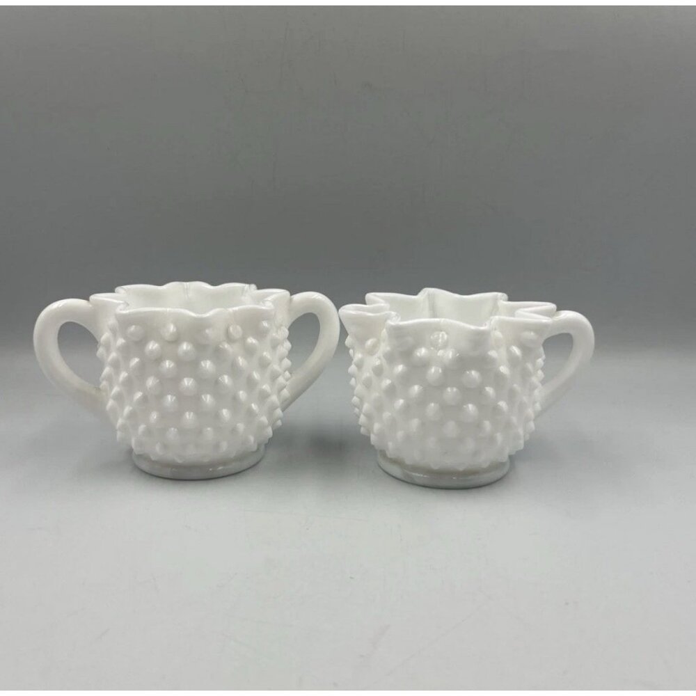 Vintage Old Fenton Milk Glass Hobnail Star Top Sugar and Creamer Set
